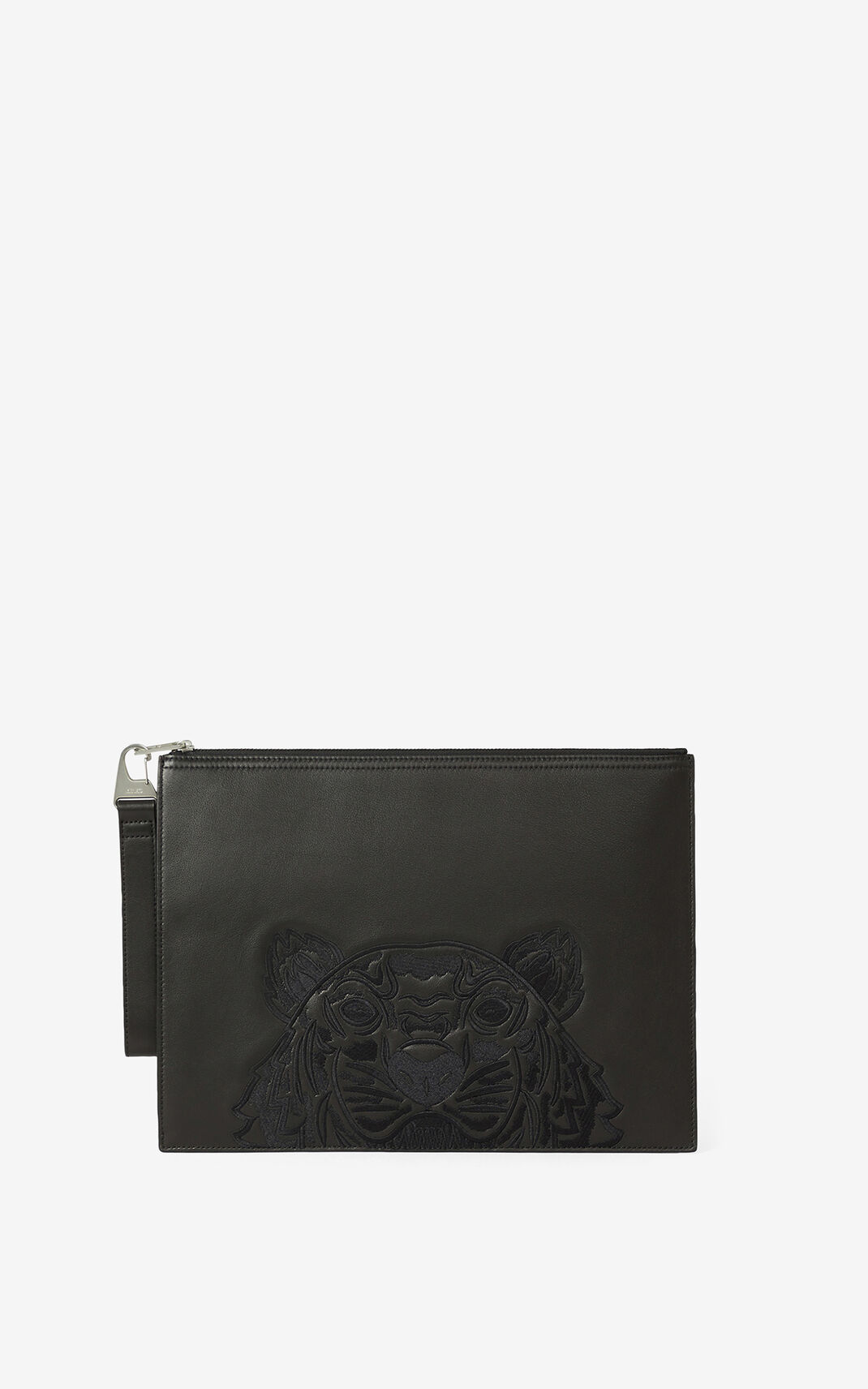Kenzo Kampus Tiger large grained leather Clutch Black For Mens 1973FPBRO